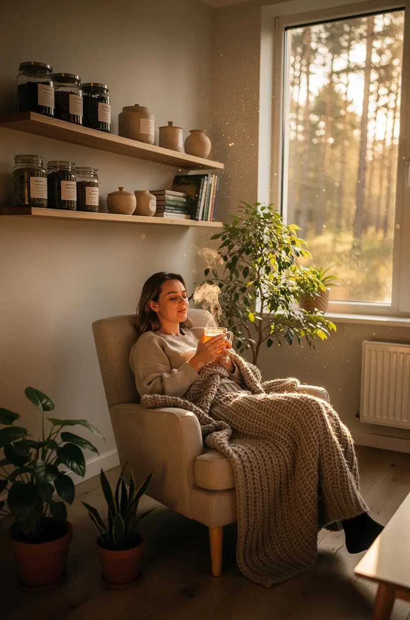 Žurnalas su arbatos receptais ir pastabomis apie raminančias žolelių arbatas ant stalo šalia medinės šaukštelio.