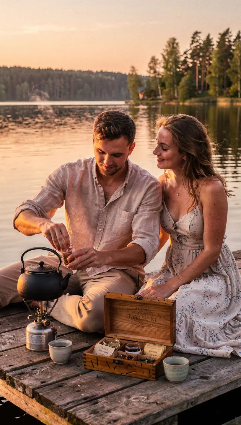 Ant stalo išdėliotos natūralios žolelės, užrašų knygelė ir rašiklis, skatinantys mokytis apie arbatos ritualus.