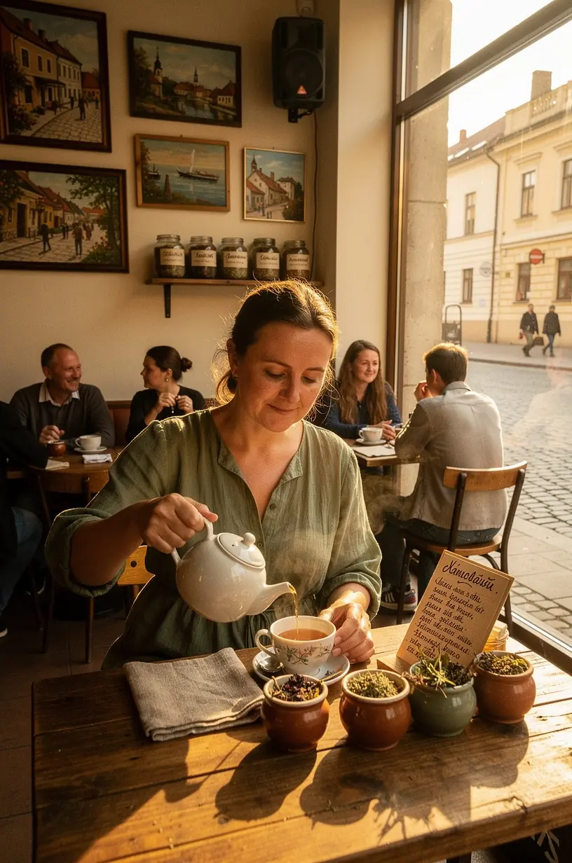 Raminanti žolelių arbatos puodelio nuotrauka su švelniu sulėtintu garavimu, simbolizuojanti ramybės ir dėmesingumo praktiką.