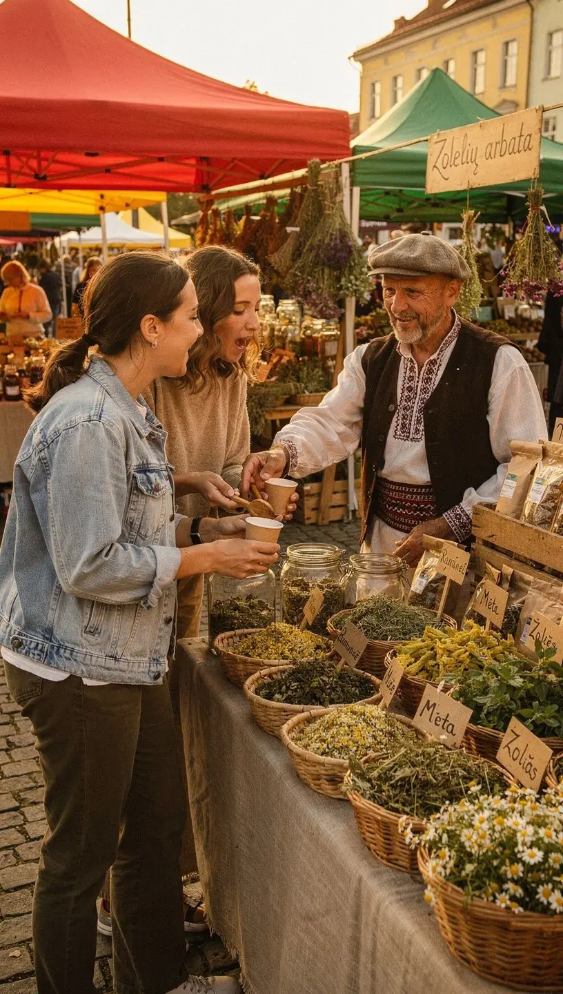 Arbatos puodelis su garuojančia žolelių arbata ant medinio stalo, šalia atvira natūralių žolelių žurnalo knyga.
