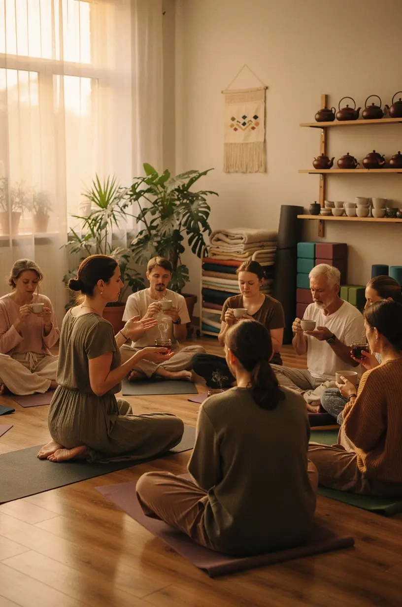 Rankos laiko žolelių arbatos puodelį, fone matyti rami kambario atmosfera su švelnia šviesa.